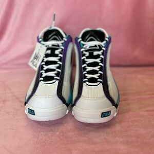 Fila White and Black High-Top Sneakers with Purple and Teal Accents